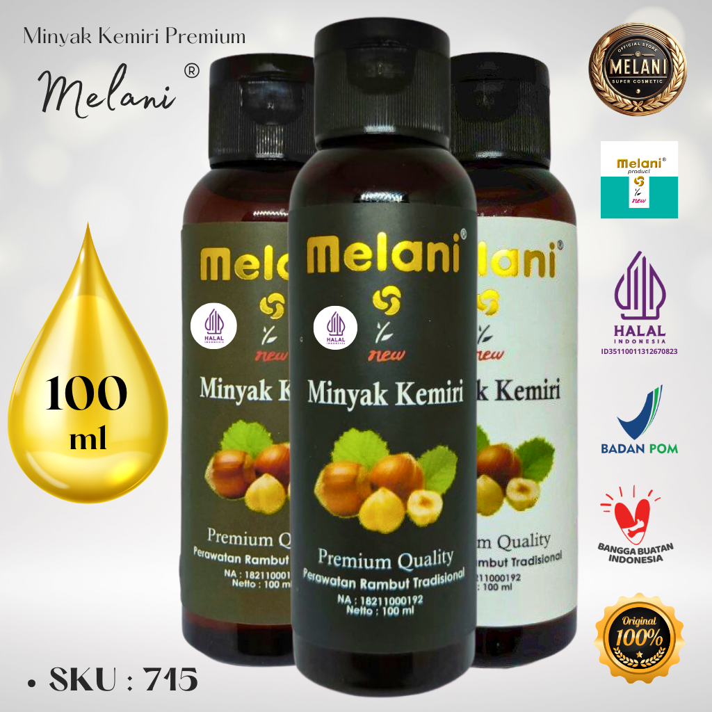 715 Melani Minyak Kemiri PREMIUM 100 ml Botol Flip Top ∣ 3 Pilihan Warna - BPOM dan HALAL Terdaftar