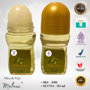 818 Melani Minyak Pijat 50 ml Botol Kaca Roll On – BPOM dan HALAL Terdaftar