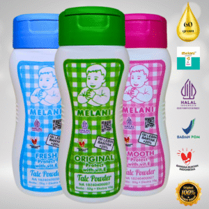 Melani Bedak Talcum Powder 60 gram Botol Plastik | 3 Pilihan Warna – BPOM dan HALAL Terdaftar