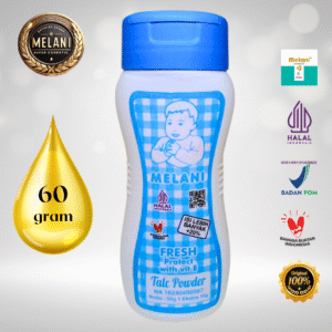 Melani Bedak Talcum Powder 60 gram Botol Plastik | 3 Pilihan Warna – BPOM dan HALAL Terdaftar